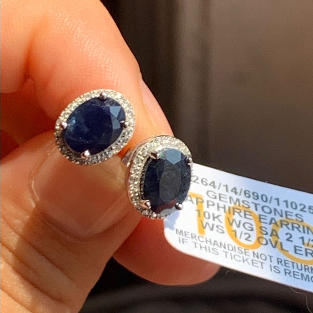 Blue Sapphire surrounded with Diamonds earrings set in 10k gold